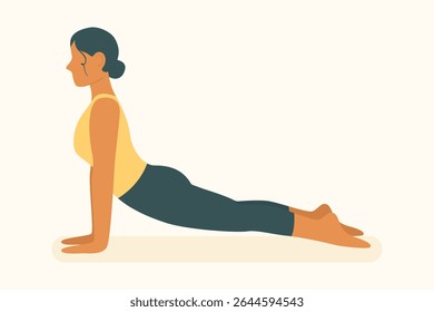 Woman in upward dog pose stretching spine and chest, improving flexibility and control with yoga and pilates method