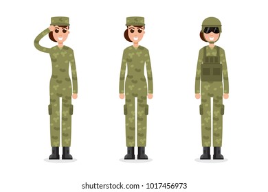 Woman US Army soldiers  in camouflage.  Vector illustration.