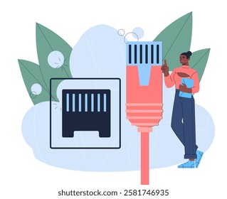 Woman with USB cable. Young girl with large computer cable. Hardware and pc components. Connection pin. Modern technologies. Gadgets and devices. Flat vector illustration