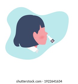 Woman Use Anti Virus Nasal (nose) Spray. Flat Vector Illustration. Healthcare COVID - 19 Protection Concept.