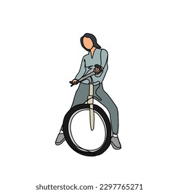 a woman use a bicycle in continuous line art drawing style. design with Minimalist black linear design isolated on white background. Sport themes Vector illustration