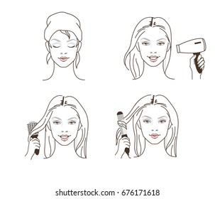 Woman use blow dryer, comb and curling iron for making hairstyles. Line style vector illustration isolated on white background.
