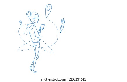 Woman use cell smart phone gps navigation concept destination geotag sketch doodle horizontal vector illustration