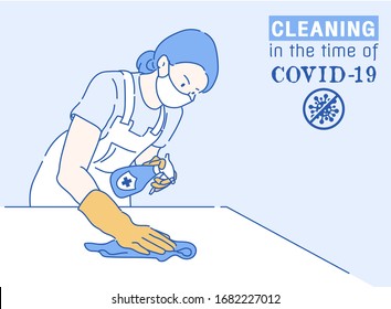 A Woman To Use Of Cleaning Wipes Against COVID-19. Cleaning In The Time Of Coronavirus, Infection Control Concept. Hand Drawn Thin Line Style, Vector Illustrations.