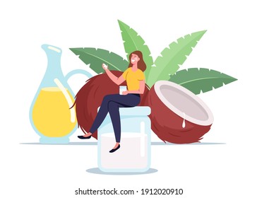 Woman Use Coconut Oil Concept. Tiny Female Character Sitting on Huge Glass Jar near Coco Nut with Green Leaves. Cooking Natural Ingredient or Cosmetics Product. Cartoon People Vector Illustration