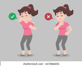 Woman use elbow cover mouth before sneeze and don't do. color speech bubble like do and don't. Healthy way to safe from virus infections. Health care concept.