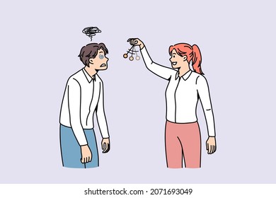 Woman use hypnosis on weak man. Female leader control male colleague or coworker. Businesswoman persuade client or customer. Management and leadership. Manipulation concept. Flat vector illustration. 