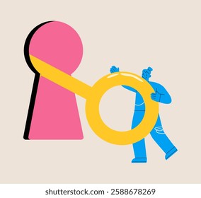 Woman use keys to unlock potential. Opportunities for success. Colorful vector illustration
