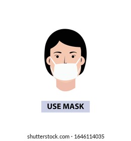 Woman use mask vector. Vector Wear Face Mask sign for women. Warning sign recommend use of protective face mask in prevention vs virus infection in health care. Coronavirus protection mask