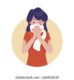 Woman use medical mask. Coronavirus protection mask. Woman in white medical face mask. Concept of coronavirus quarantine. Vector illustration.