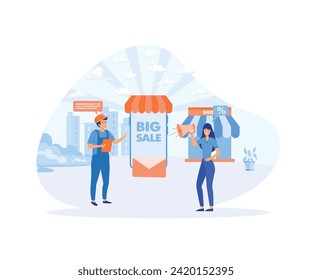  Woman use megaphone or bullhorn on screen of laptop phone digital promotion Big sale and discounts for shoppers e-marketing. flat vector modern illustration 