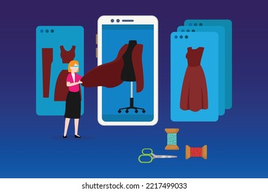 Woman use metaverse technology try on dress with mirror reflection on smart phone screen 2d vector illustration concept for banner, website, illustration, landing page, flyer, etc.