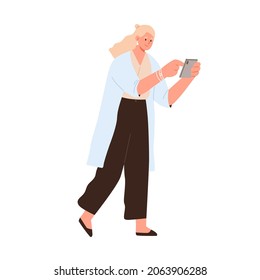 Woman use mobile phone on go. Happy person walk with smartphone, surfing internet and social media. Female with cellphone during online chatting. Flat vector illustration isolated on white background