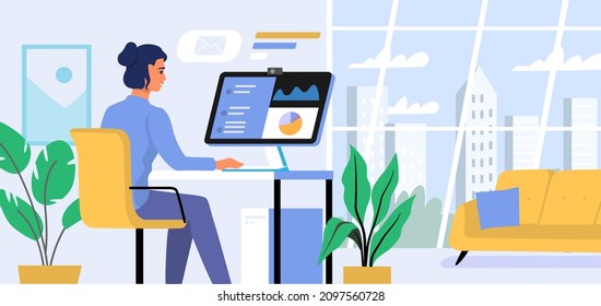 Woman Use Pc Desk With Computer Monitor Working At Home Vector. Freelancer Business Female