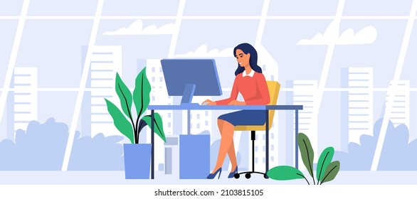 Woman Use Pc Desk With Computer Monitor Working At Office Vector. Business Female