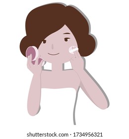 Woman use powder puff concept on transparency background. Creative idea design. Flat vector illustration for template, brochure or presentation.