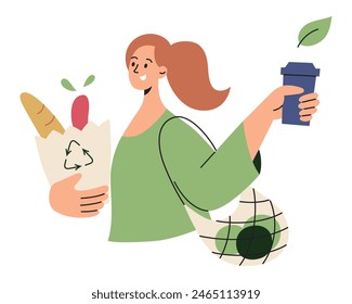 Woman use reusable bags and coffee cup, hand drawn composition with recycling icon, vector illustration of sustainable lifestyle, no plastic shopping, environment protection, zero waste and ecology