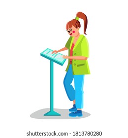 Woman Use Self-service Kiosk Digital Device Vector. Young Girl Touching With Finger Sensitive Screen Of Interactive Kiosk Terminal For Find Information. Character Client Flat Cartoon Illustration