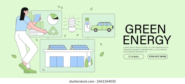 La mujer usa Tecnología casera inteligente con energía renovable. Paneles solares conectados a la casa inteligente y el cargador eléctrico del coche. Sustentabilidad e Integración Energética Ecológica. Ilustración vectorial plana.