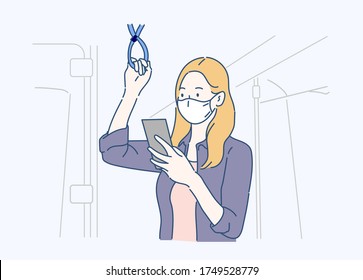 Woman use a smartphone with mask face protection and keep social distancing while commuting in the metro or train. Infection control concept. Hand drawn in thin line style, vector illustrations.