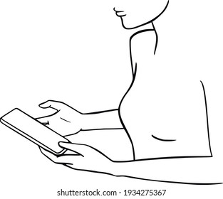 Woman use smartphone selfie photo for social network. Selfie expert vector illustration. Female selfie. Landing page, web, app, card, editorial, flyer, banner. Minimalism hand drawn line art design 