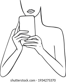 Woman use smartphone selfie photo for social network. Selfie expert vector illustration. Female selfie. Landing page, web, app, card, editorial, flyer, banner. Minimalism hand drawn line art design 