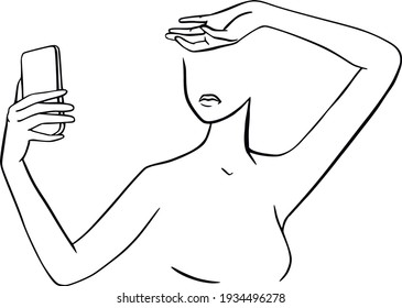 Woman use smartphone selfie photo for social network. Selfie expert vector illustration. Female selfie. Landing page, web, app, card, editorial, flyer, banner. Minimalism hand drawn line art design 