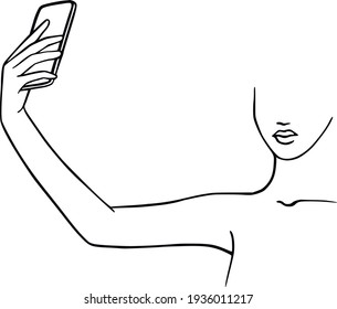 Woman use smartphone selfie photo for social network. Selfie expert vector illustration. Female selfie. Landing page, web, app, card, editorial, flyer, banner. Minimalism hand drawn line art design 