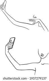 Woman use smartphone selfie photo for social network. Selfie expert vector illustration. Female selfie. Landing page, web, app, card, editorial, flyer, banner. Minimalism hand drawn line art design 