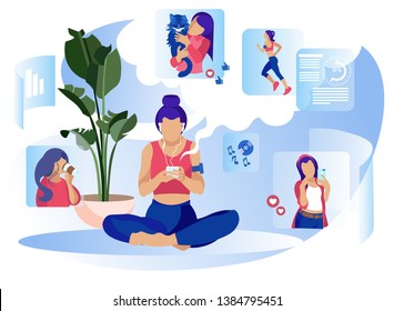 Woman Use Smartphone Sport Music App Chatting Surfing Looking News Video Picture Posting Personal Photo with Coffee Pet Taking Selfie Vector Cartoon Illustration Social Media in Daily Life Metaphor