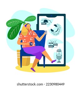 Woman use smartphone technology for making online podcast, vector illustration. Cartoon people character record audio in headphones