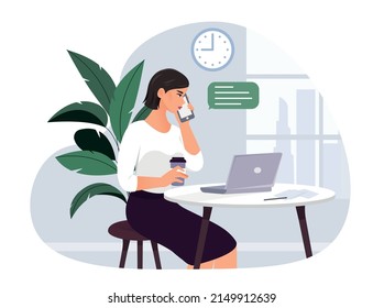 Woman use smartphone. Young girl with cup and laptop calling someone, support worker. Communication with friends or business partners. Employee at workplace. Cartoon flat vector illustration