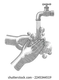 Woman use soap and washing her hands under the water tap. Hygiene concept to stop spreading coronavirus or influenza virus . Vintage Engraving drawing style vector Illustration