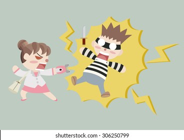 Woman Use Stun Gun To Protect Herself From Thief Cartoon Vector