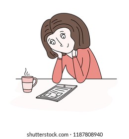 Woman use tablet for reading e-book, watching video. Vector cute contour drawing. Cup of tea and tablet displayed on her desk.