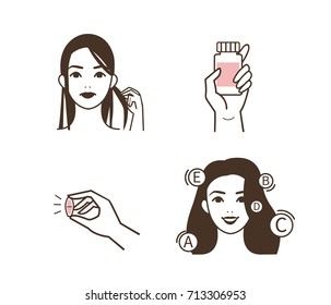 Las mujeres usan vitaminas para su pelo. Ilustración vectorial.