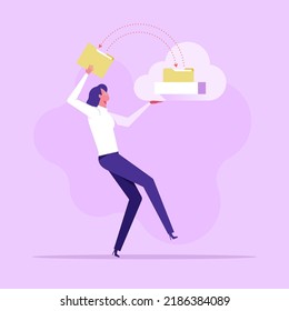 Las mujeres utilizan servicios de almacenamiento web para guardar y transferir archivos y datos. Carga y descarga de información. Ilustración del vector
