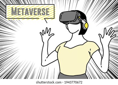 Woman used goggles to virtual reality online in deep metaverse hand draw style pictogram vector flatline design illustration.
