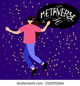 Woman used goggles to virtual reality online in deep metaverse hand draw style pictogram vector flatline design illustration.