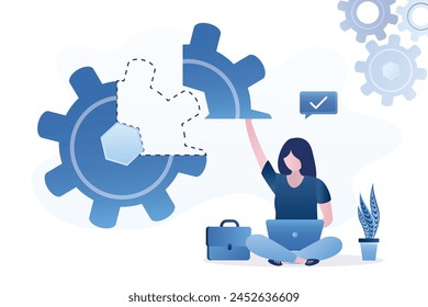 Woman user or administrator installing piece of gear. Patching, repair, update system or software. fix bugs or weaknesses in system. Updates and additions. Brainstorming, workflow. vector illustration