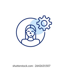 Woman user avatar and cogwheel. Account settings, admin or user control. Customization, hr or user management software. Pixel perfect, editable stroke vector icon