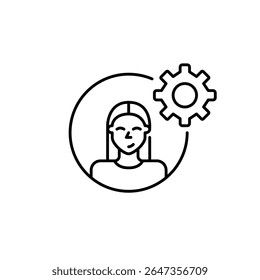 Mulher usuário avatar e roda dentada. Configurações de conta, controle de usuário ou administrador. Software de gerenciamento de personalização, hr ou usuário. Pixel perfeito, ícone de vetor de traçado editável
