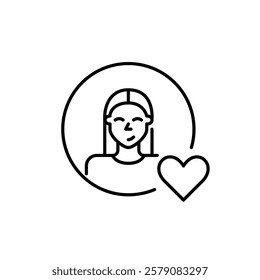 Woman user avatar with heart. Social media or dating app profile. Customer loyalty program and user-friendly experience. Pixel perfect vector icon