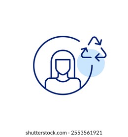 Woman user avatar with recycling arrows in triangle. Sustainable technology. Eco-friendly digital engagement, circular use of resources and digital responsibility. Pixel perfect, editable stroke icon