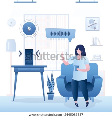 Woman user communicates with voice assistant. Cute girl gives commands to a smart music column. Part of smart home. Access for online playing music, audio files. Wireless technology. Acoustic system.