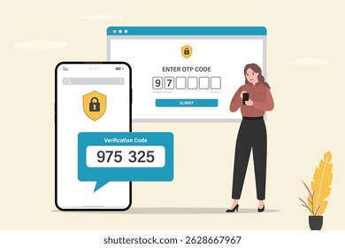Woman user enter code from sms on web screen. Two factor authentication. 2FA, verification password and login for user identity authentication, internet security. Private access. Login to account.