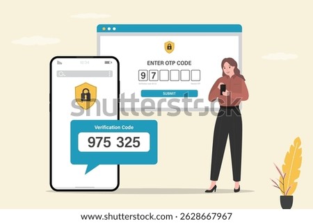 Woman user enter code from sms on web screen. Two factor authentication. 2FA, verification password and login for user identity authentication, internet security. Private access. Login to account.