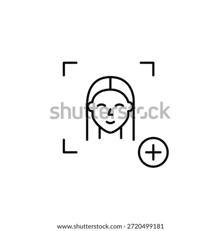 Woman user face id and plus symbol. Id setup, login update. Access granted, profile unlock. Pixel perfect, editable stroke vector icon