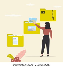 Woman user folds documents and media content in various folders. File management, keeping in order electronic information. Business data organization and storage, digital archives. vector illustration