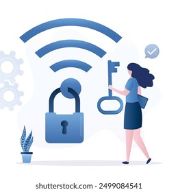 Woman user holds big key. wifi network with padlock, good encryption. Wifi encryption, wireless security, safety for internet connection, network protection, mobile access, password encryption. vector